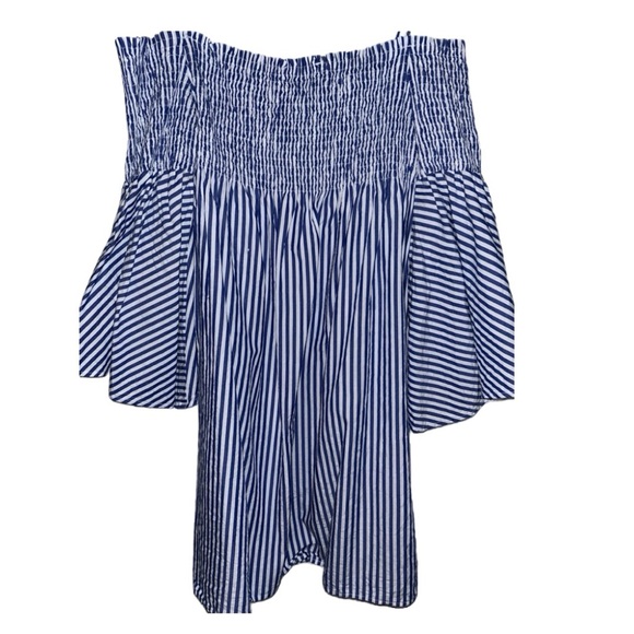 ZARA | OFF SHOULDER BABYDOLL DRESS | MINI | BLUE AND WHITE STRIPES | SMALL - Picture 3 of 4